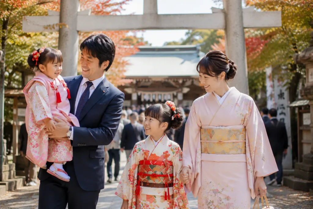 神社で七五三詣をする家族の写真