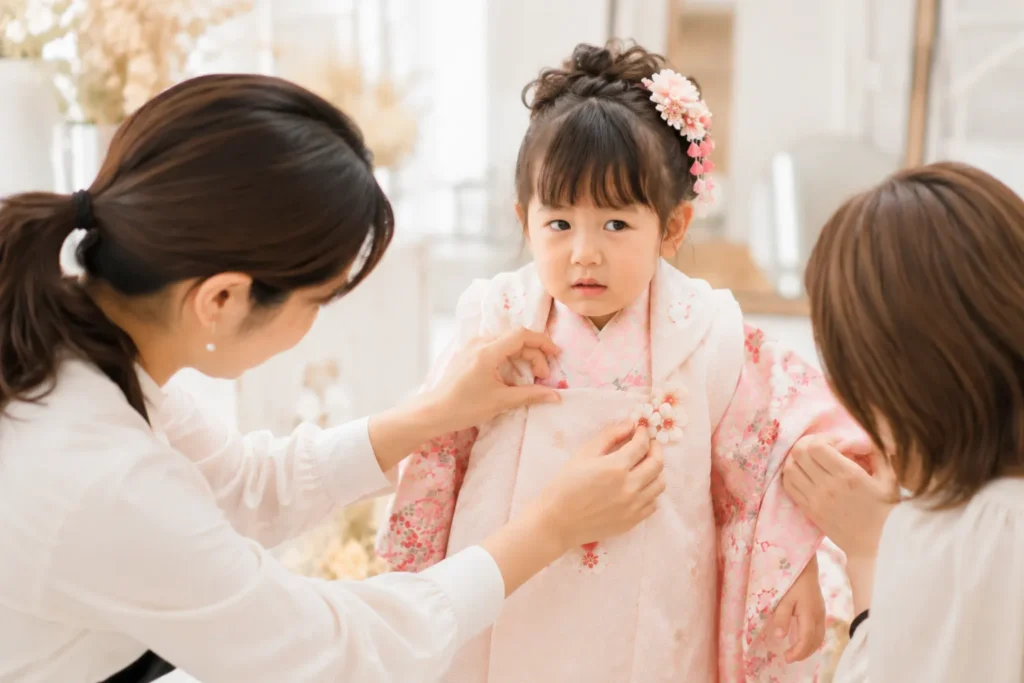 少し不安そうな表情で七五三の着付けをされる3歳女の子