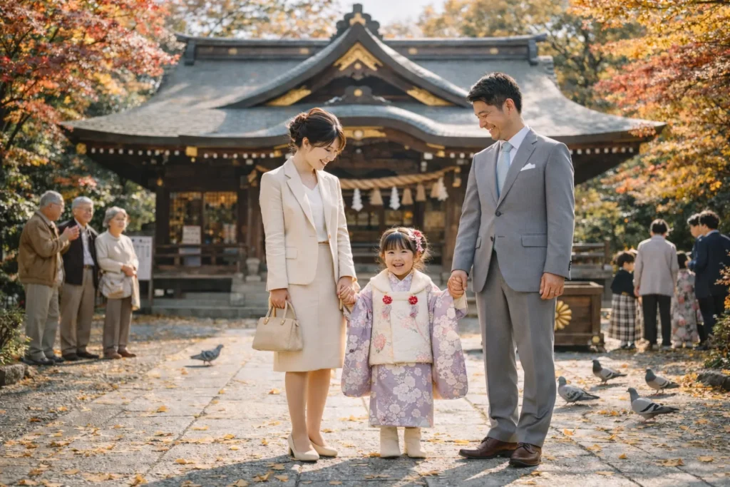 神社で七五三参りをする家族の写真　女の子は草履からブーツに履き替えている