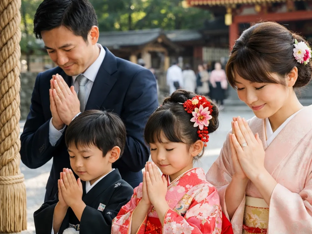 七五三のお参りをする家族
