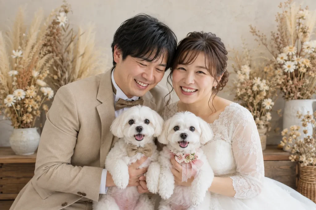愛犬を抱っこして笑顔を見せるフォトウエディング