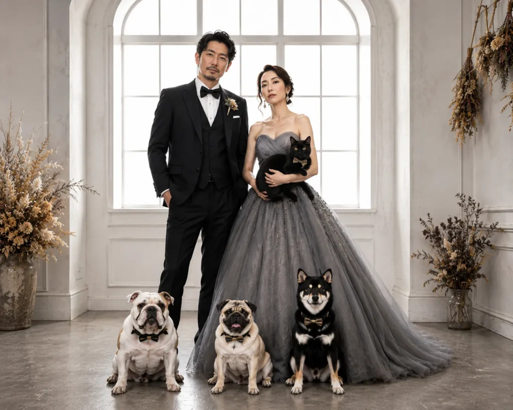 複数の犬と一緒に撮影した結婚写真