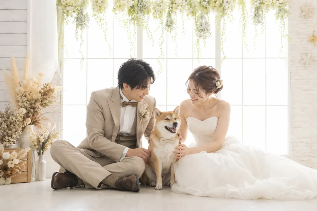 新郎新婦と犬が自然に寄り添うフォトウエディング