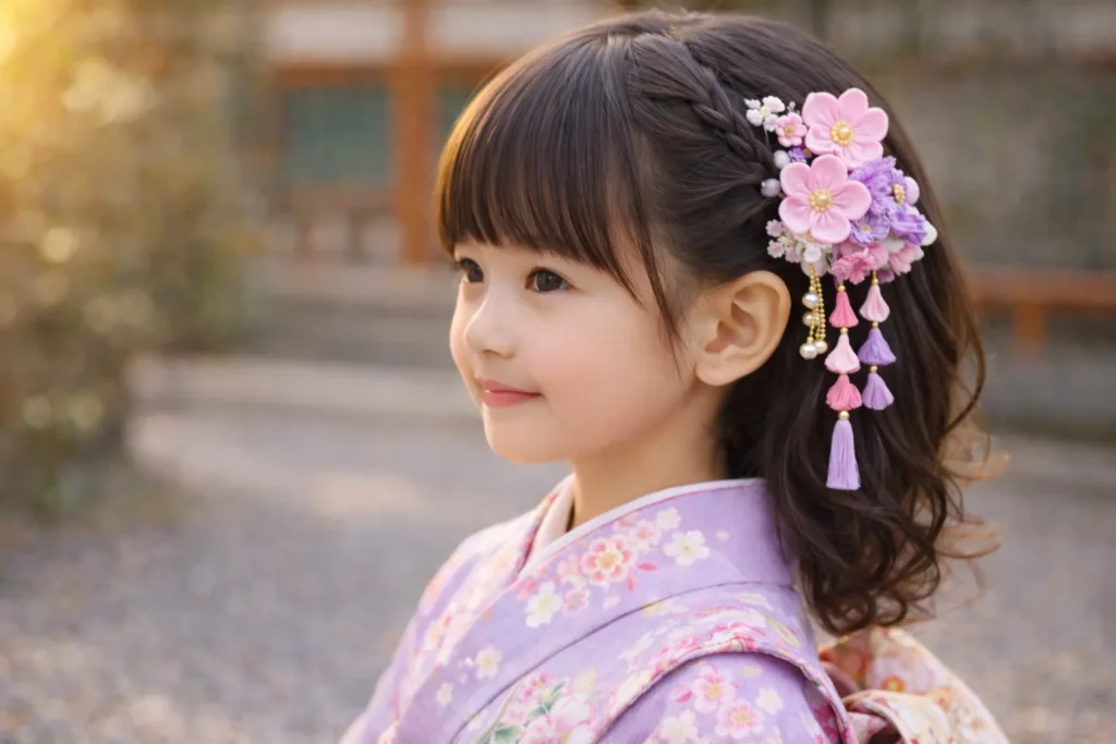 七五三7歳 ハーフアップ 女の子 着物ヘア