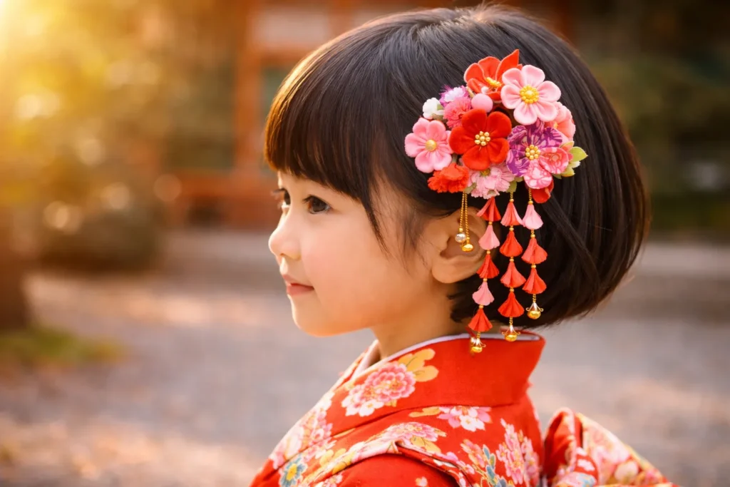七五三7歳 ボブヘア 女の子 髪飾りアレンジ