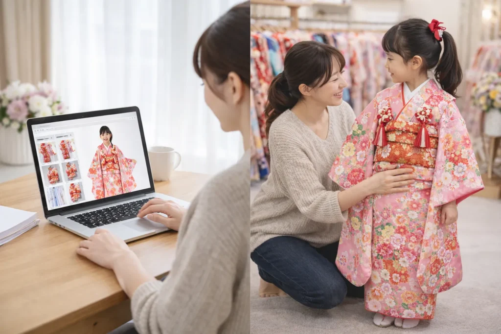 ネットで着物を選ぶ様子と店舗で着物を試着する様子のイメージ
