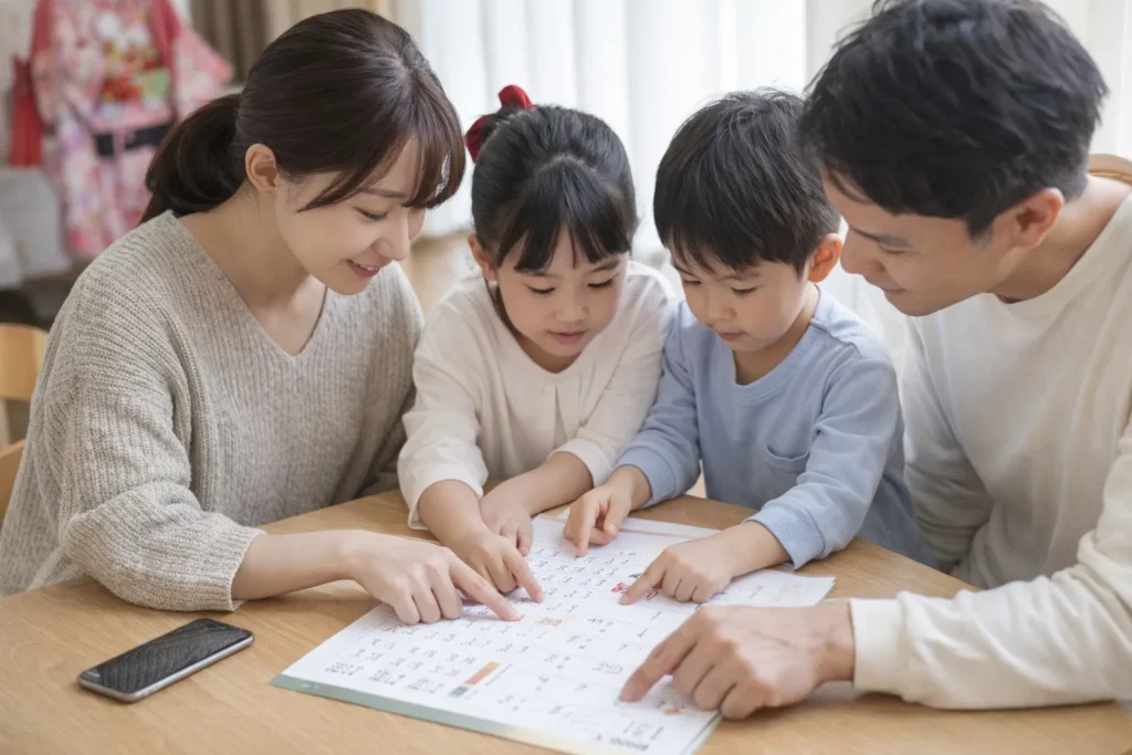 七五三の準備を考えている家族がカレンダーを見ながら相談している様子