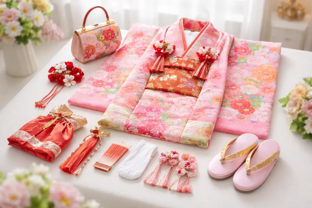 七五三の着物一式がきれいに並べられているイメージ