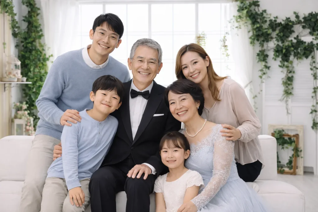 三世代がそろって写る還暦の家族写真