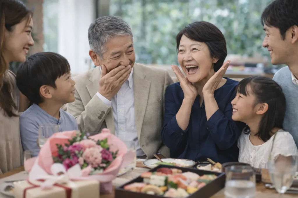 還暦祝いの場で家族に囲まれて穏やかに過ごす様子