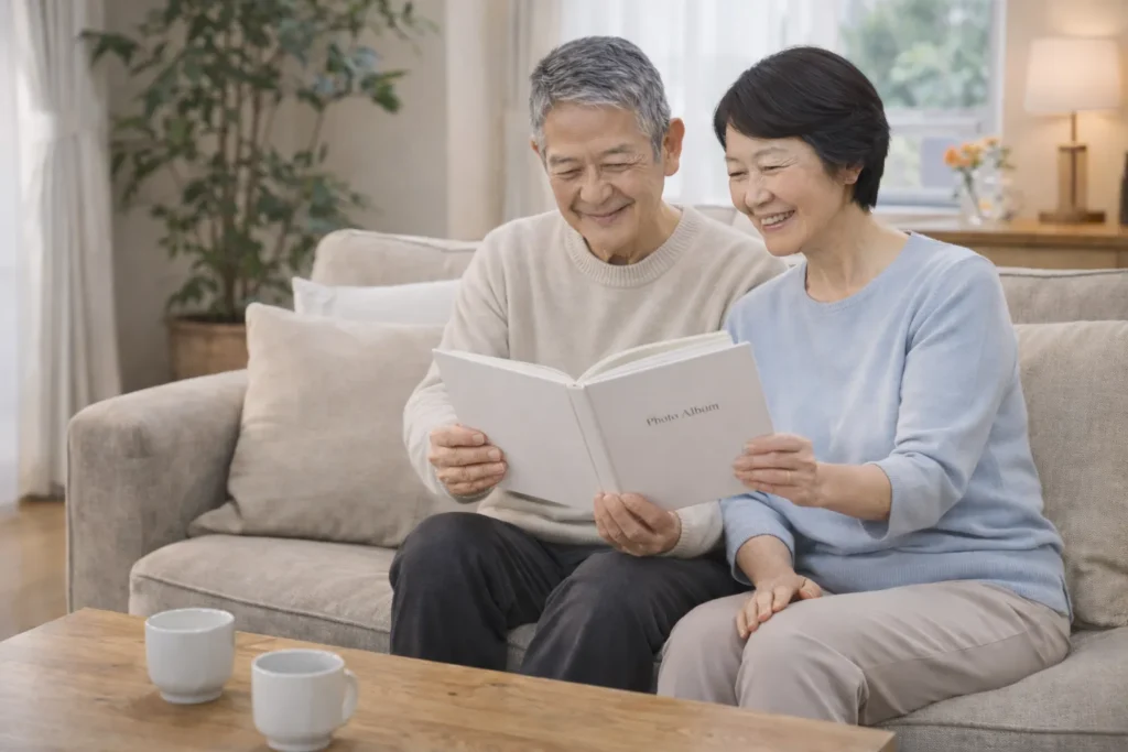 額に入った家族写真を自宅で見返している様子