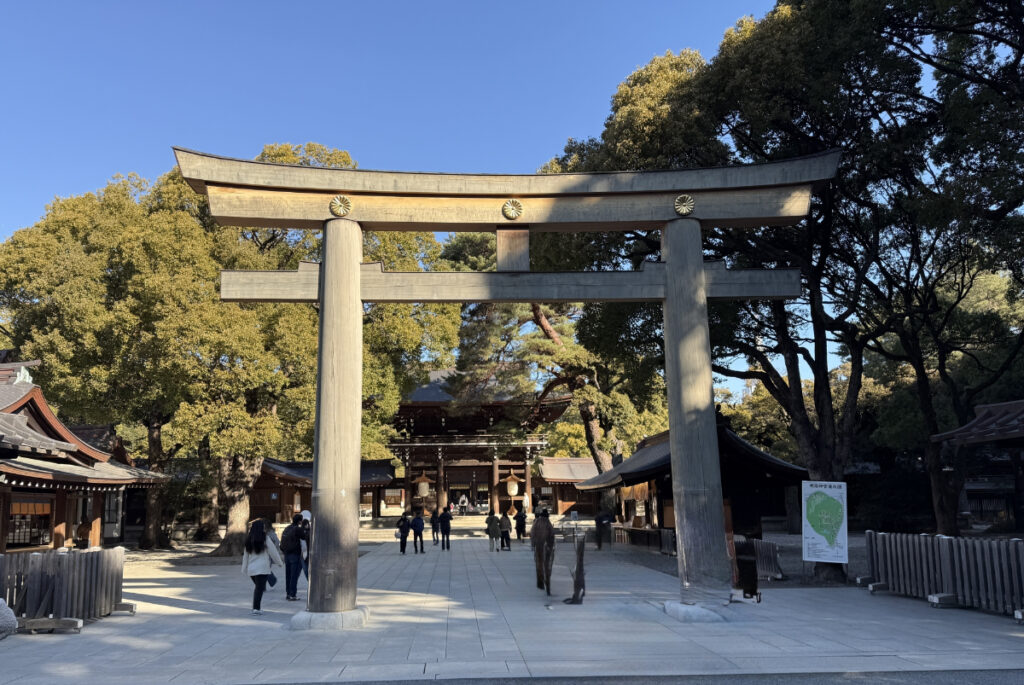 七五三のお参りにも選ばれる明治神宮の鳥居と参道の風景
