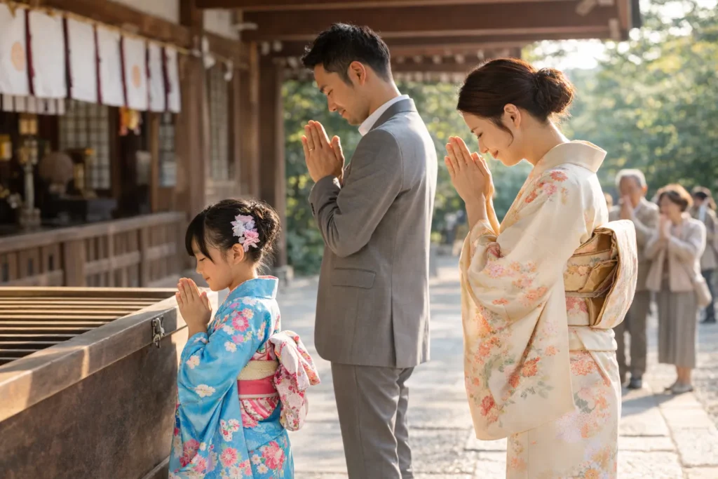 七五三で家族そろって拝殿前で手を合わせる自由参拝の様子