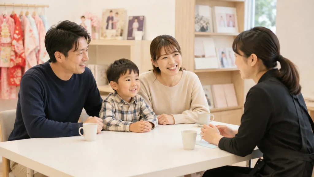 七五三の日程やお参りスケジュールを相談している家族