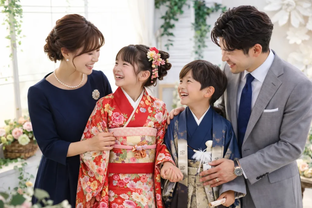 七五三でワンピースを着た母親の上品コーデ 家族写真
