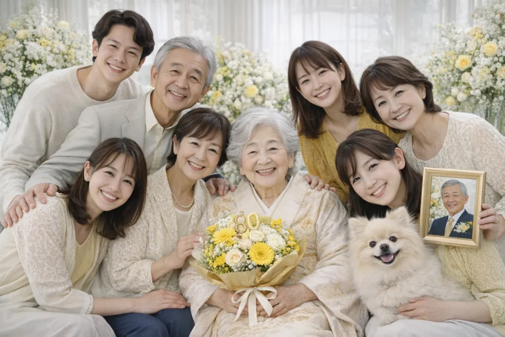 80歳の長寿祝い撮影する家族