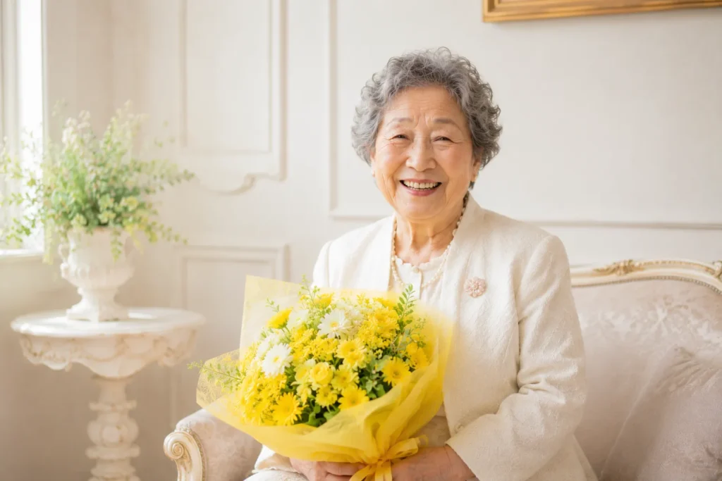 米寿祝いで黄色の花束を持つ女性の記念フォト