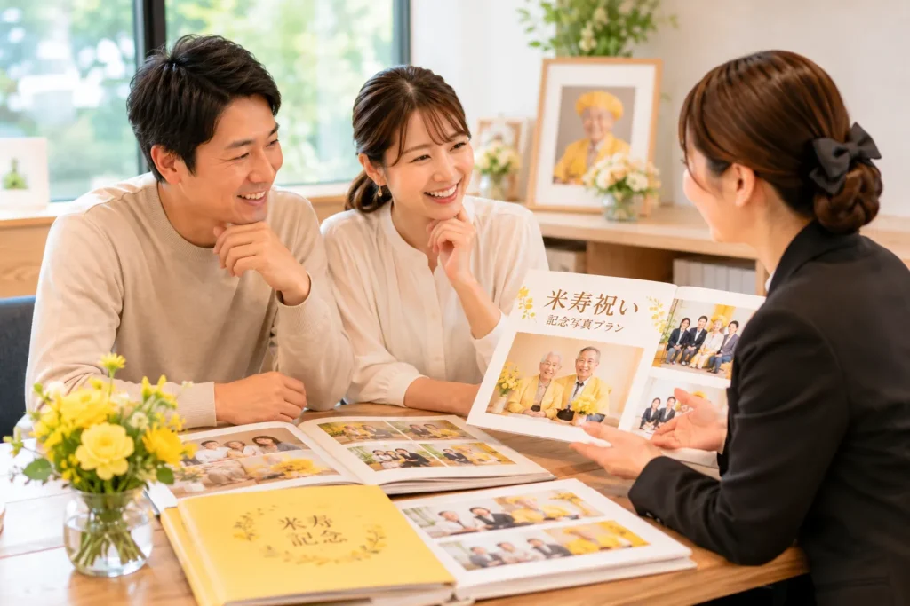 米寿祝いの記念写真について相談するご家族