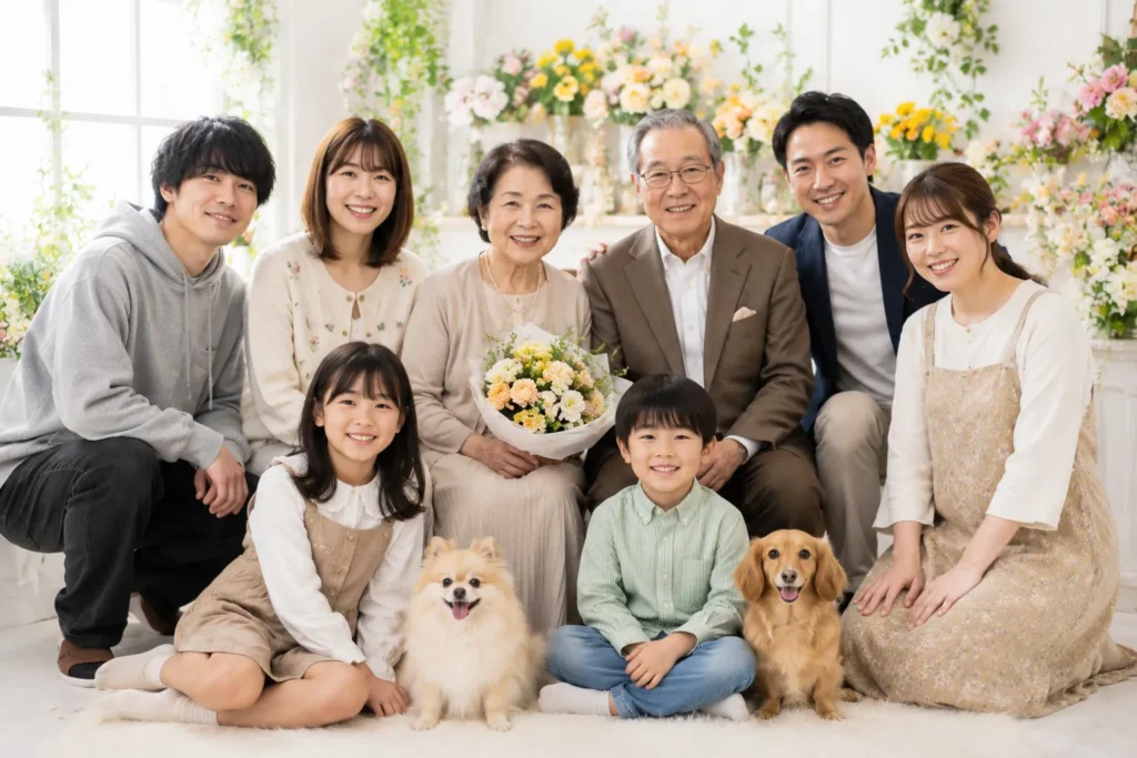 長寿祝いで家族写真を撮影する三世代ファミリー
