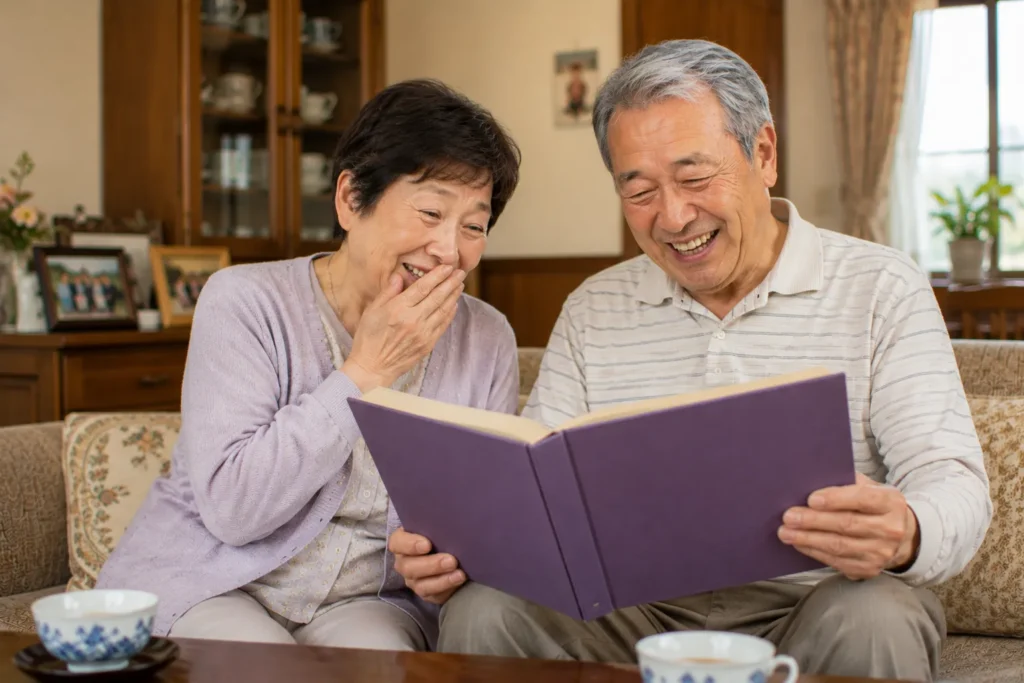 長寿祝いで撮影した家族写真を見返す家族