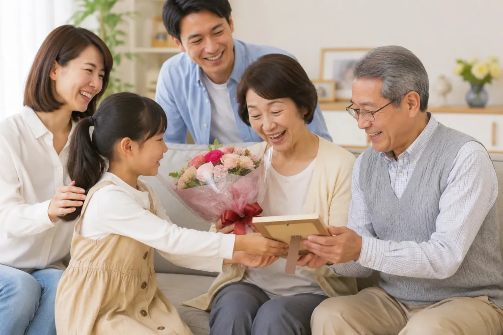 長寿祝いで家族からプレゼントを受け取る笑顔の祖父母