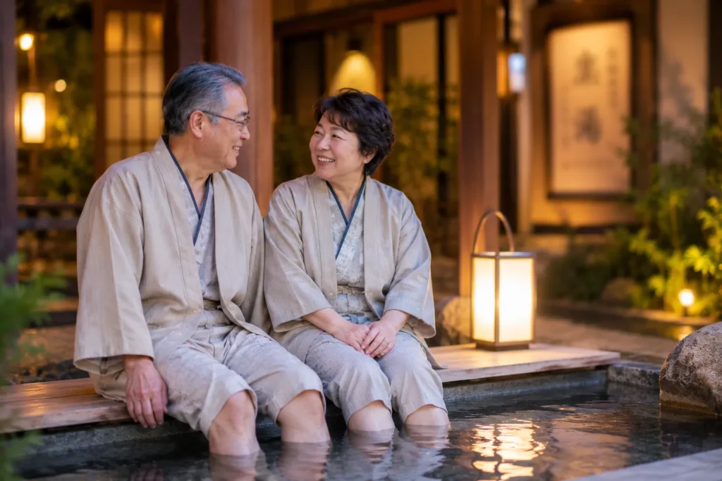 長寿祝いで温泉旅行を楽しむ老夫婦
