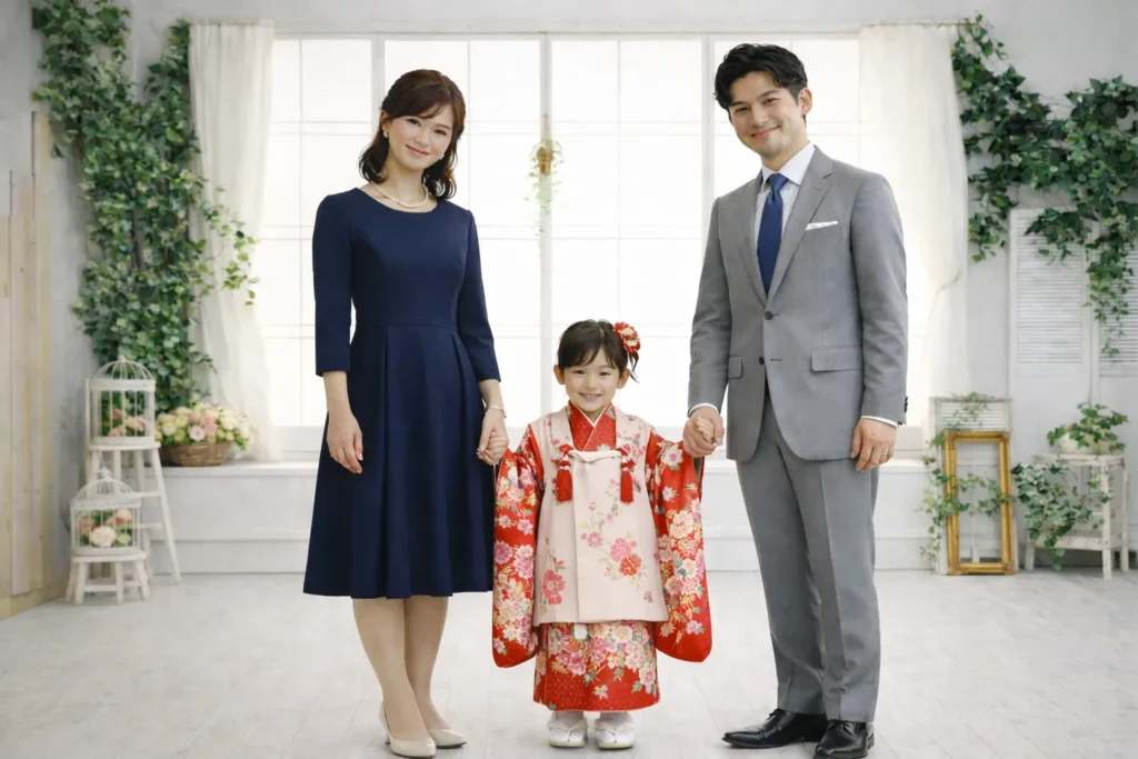 七五三で母親がワンピースを着た家族写真