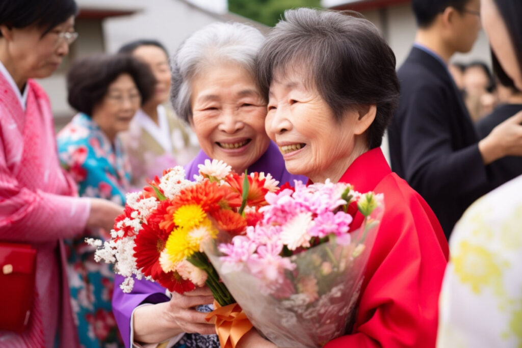長寿祝いの花束をもらうおばあちゃん