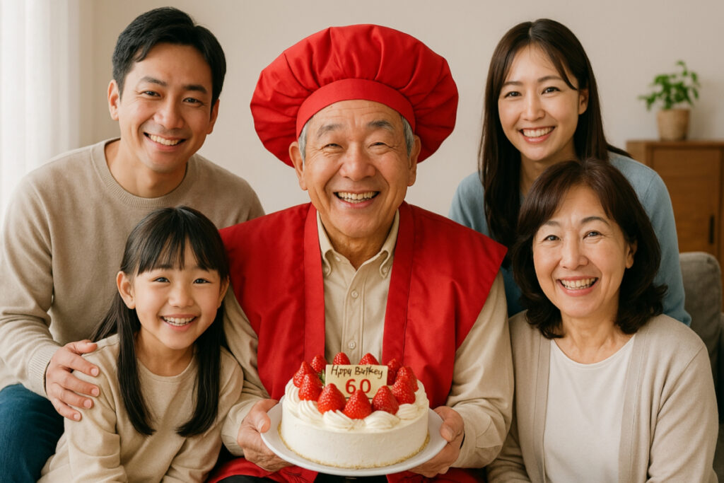 赤いちゃんちゃんこを着た還暦祝いの祖父の笑顔