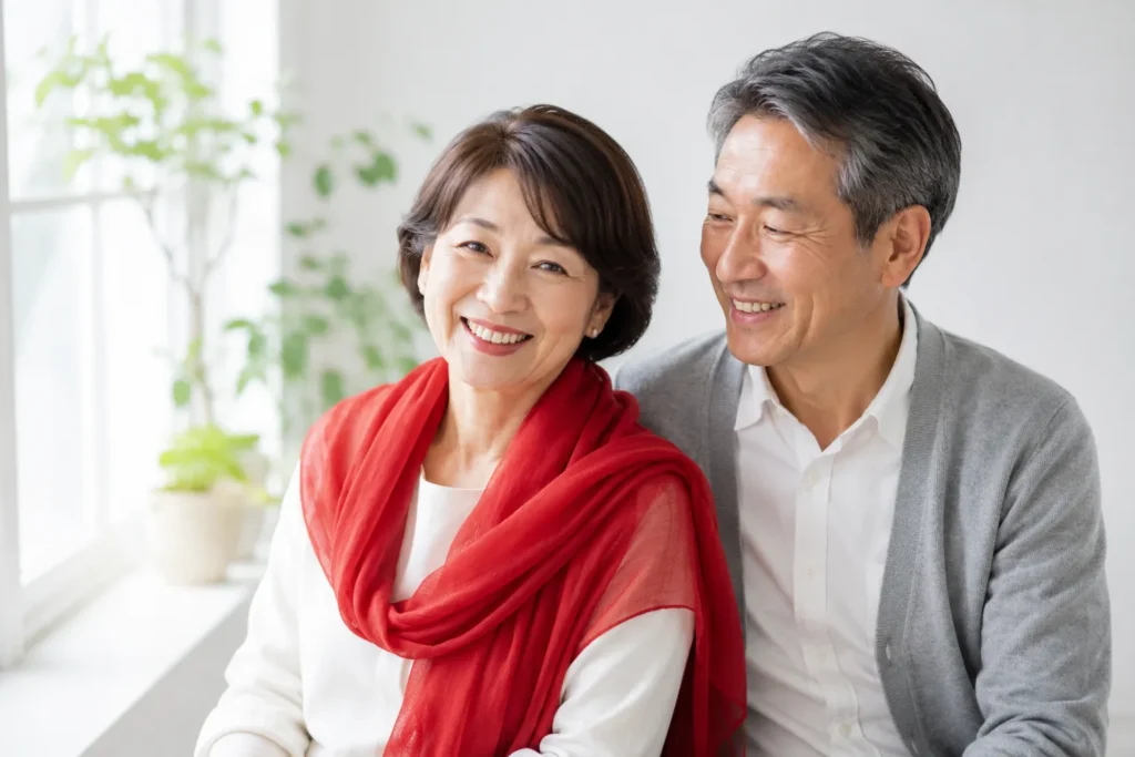 還暦祝いで赤色ストールを身につけた女性