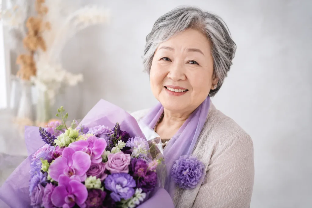 紫色の花束を持った喜寿祝い記念写真