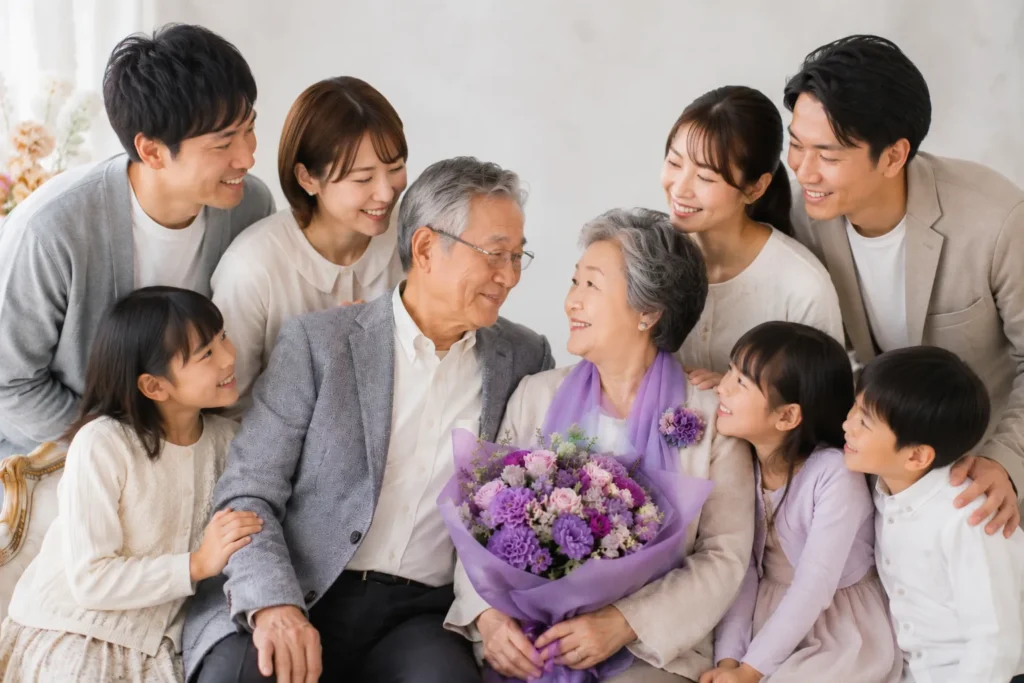 喜寿祝いで三世代が集まった家族写真