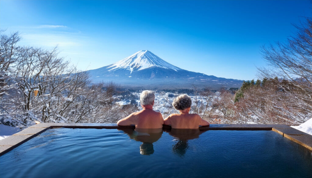 プレゼントの温泉旅行を楽しむ老夫婦