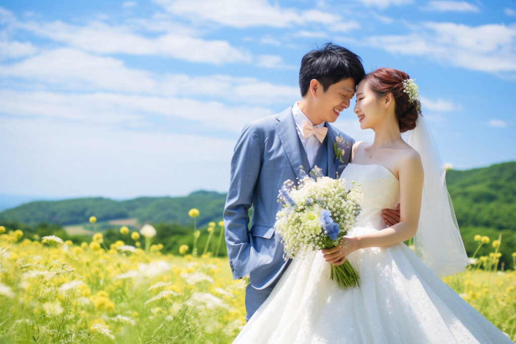 結婚1周年の記念に白ドレスで微笑む新婦の写真