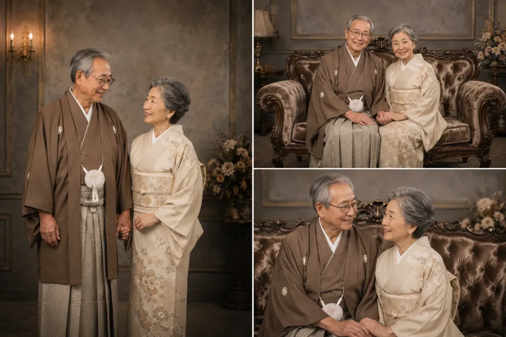 長寿祝いで夫婦が仲良く並んで撮影する記念フォト