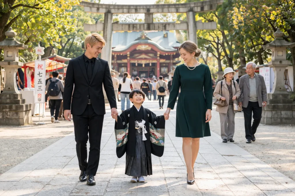石の鳥居と本殿が見える参道を歩く5歳男の子の七五三お参りの家族写真