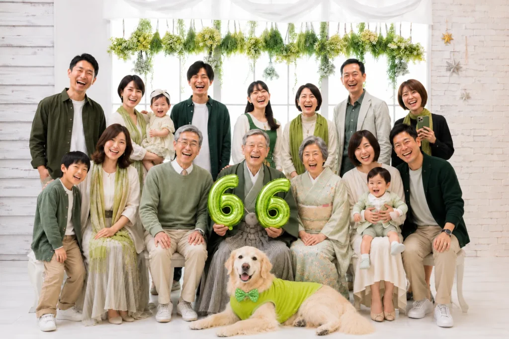 白を基調にしたフォトスタジオで撮影する長寿祝いの家族写真