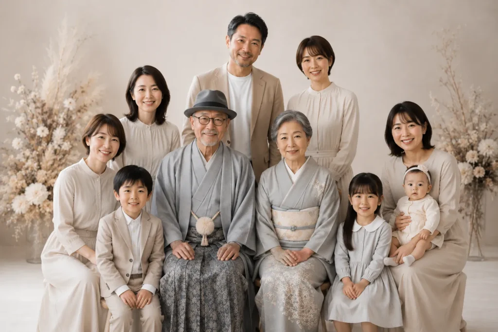 祖父母を中心に三世代で並ぶ長寿祝いの集合写真