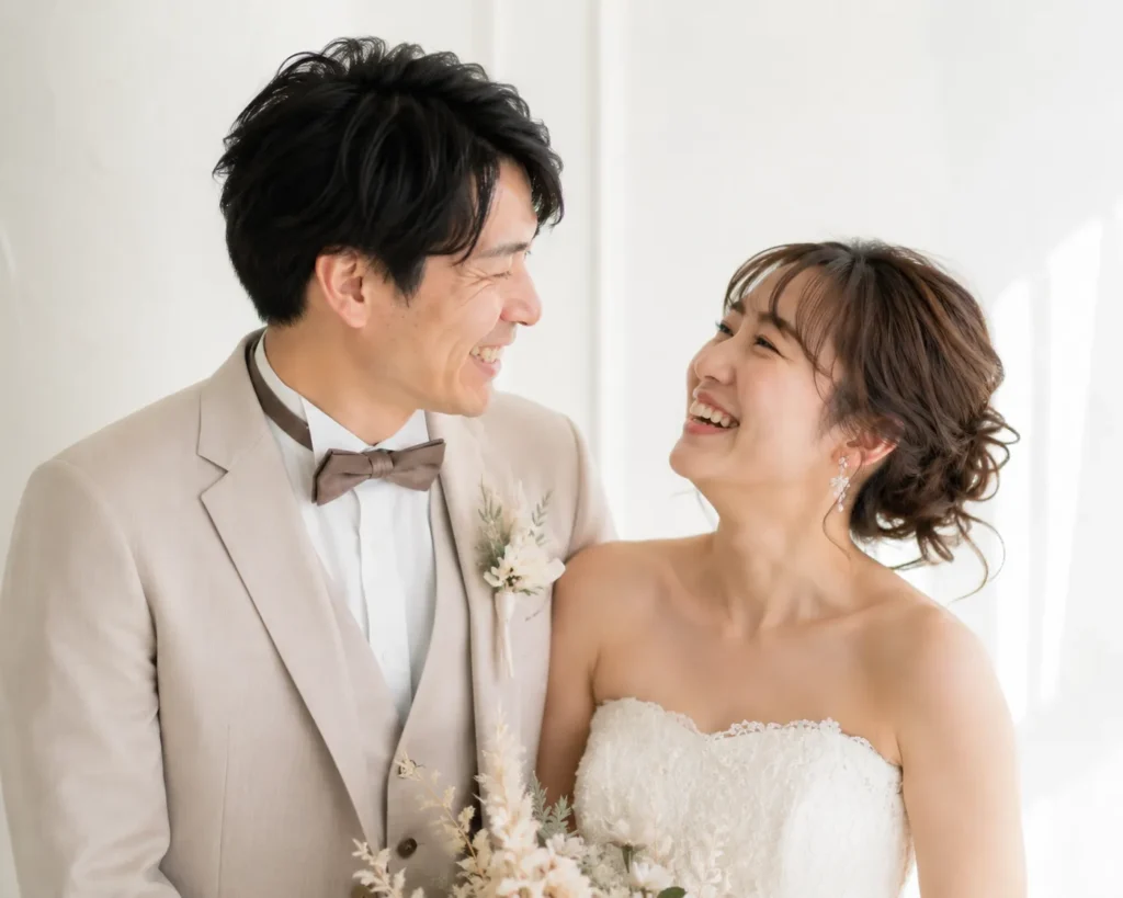 結婚記念にウェディングドレスで撮影する夫婦