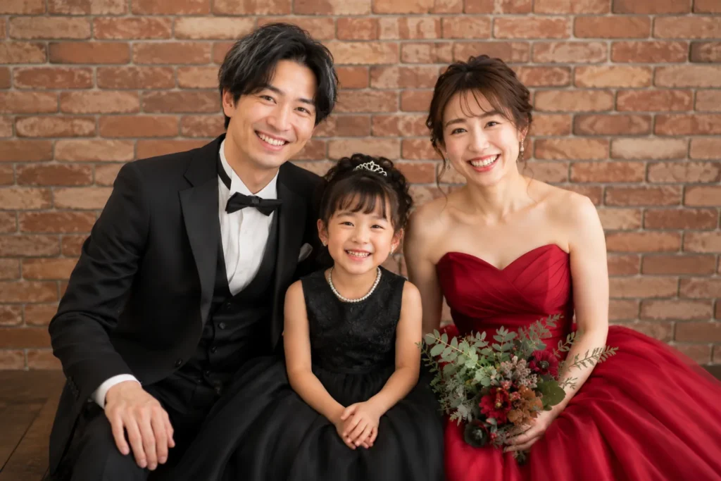 家族で撮影する結婚記念写真