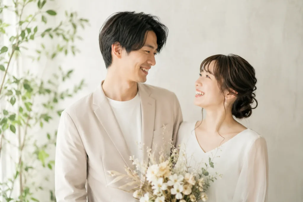 結婚記念日に自然な笑顔で撮影する夫婦
