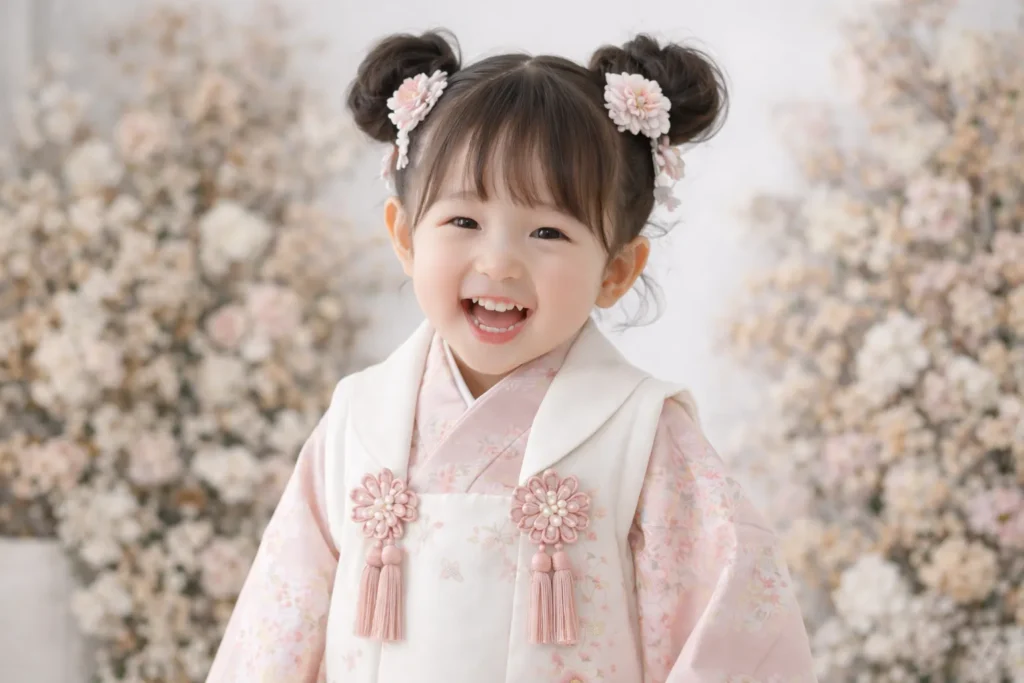 被布を着て自然な表情で写る3歳の七五三記念写真