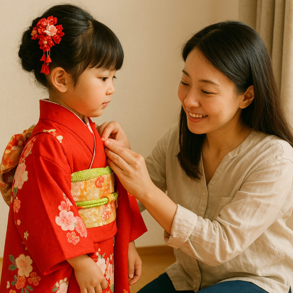 七五三の女の子に語り掛ける母