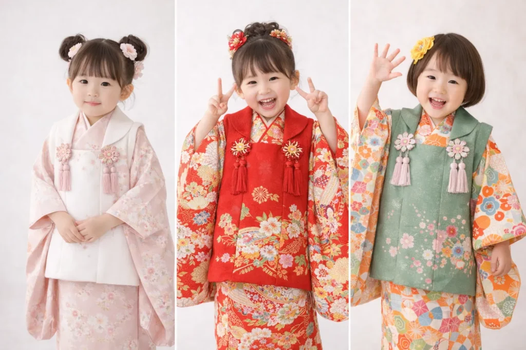 色の違う被布を合わせた3歳七五三の着物コーディネート例