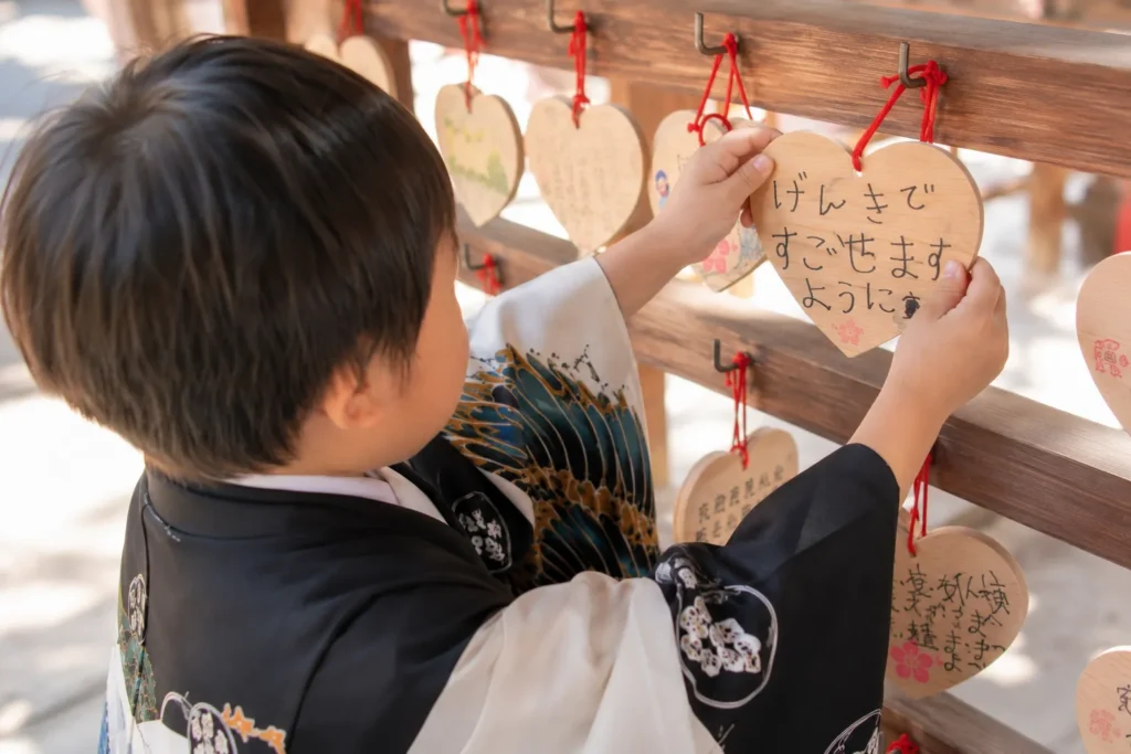 七五三のお参りで絵馬を奉納する男の子