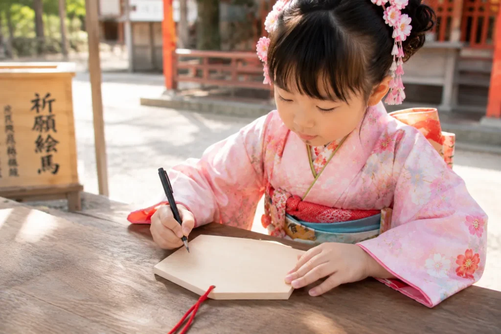 七五三のお参りで絵馬に願いごとを書く女の子