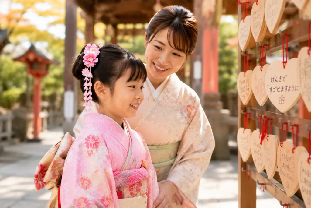 七五三のお参りで奉納された絵馬を見つめる女の子と母親