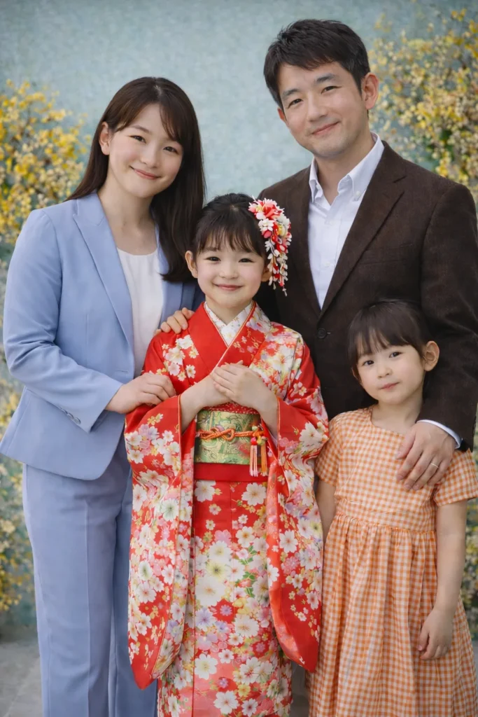 七五三で服装のバランスがちぐはぐに見えてしまう家族写真のイメージ