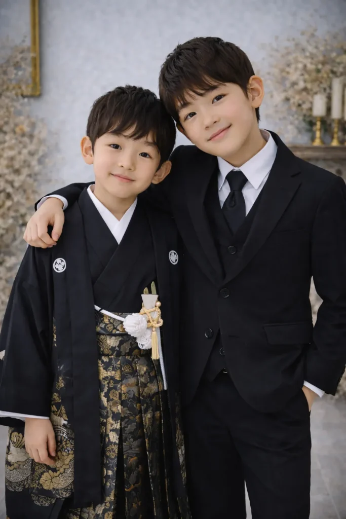 七五三で主役は和装、兄弟は洋装で撮影した写真