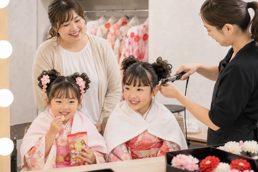 七五三7歳3歳姉妹のツインお団子ヘアセット風景